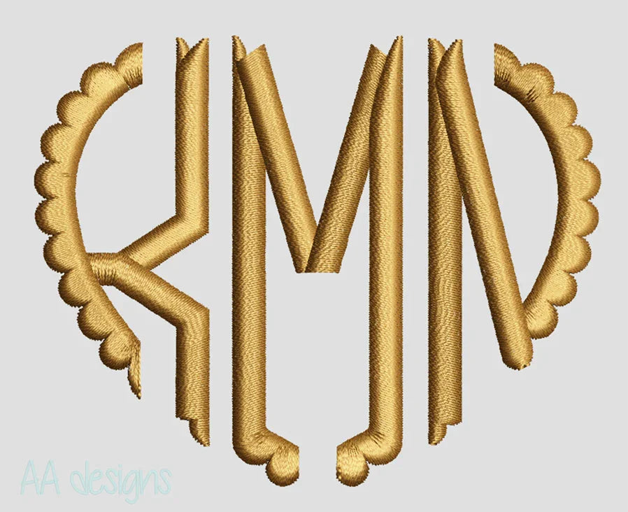 Scalloped heart monogram embroidery digital font. Scallop embroidery monogram. BX file also