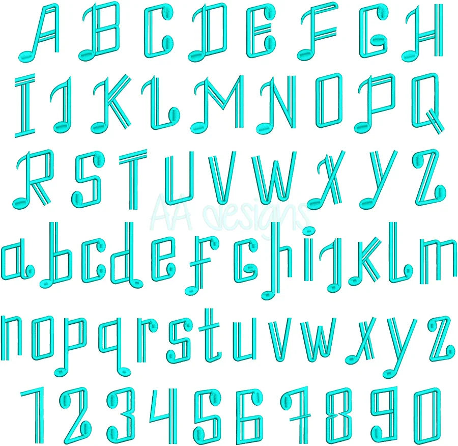 Music Note embroidery digital font. Embroidery alphabet for instant download. BX file also included