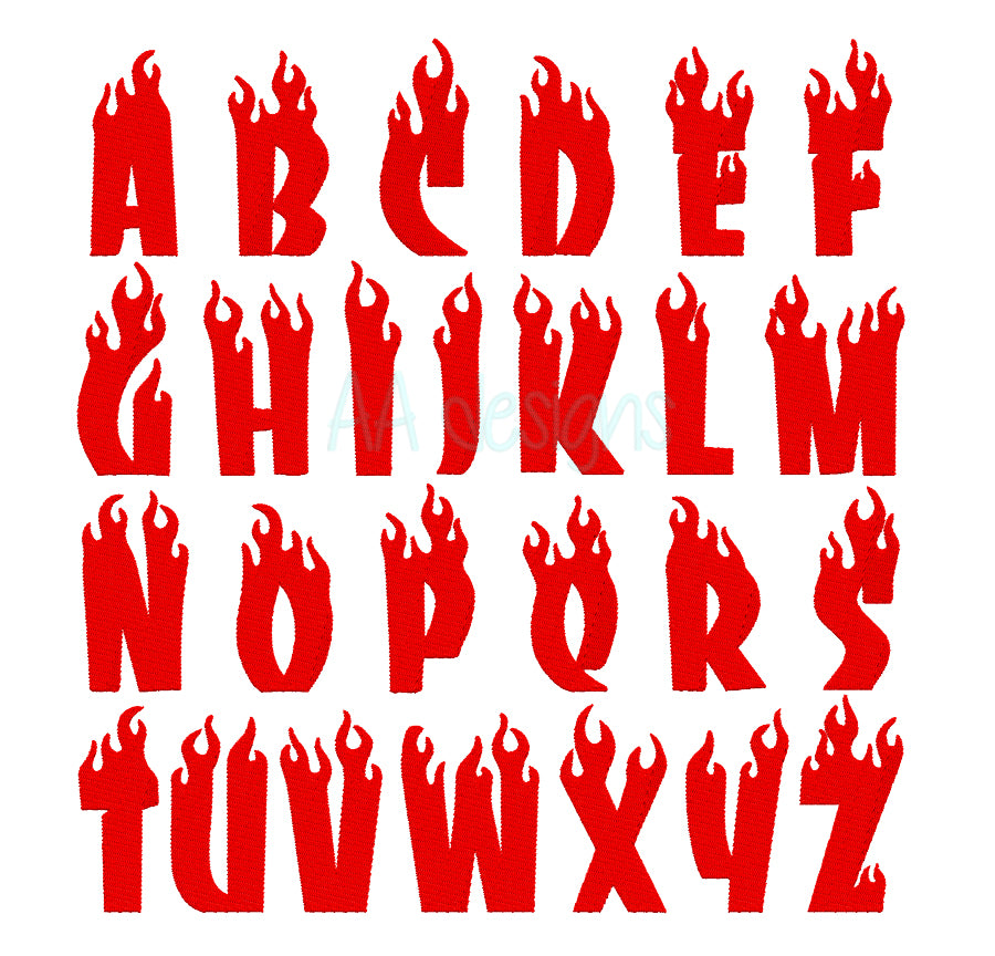 Flame embroidery digital font. Machine embroidery font in flame for instant download. PES DST BX and all files for embroidery machine