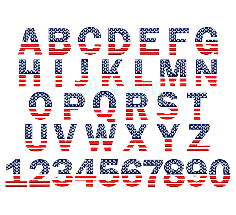 USA flag embroidery digital font. Machine embroidery font in USA flag digital file for instant download. PES DST BX and all files for embroidery machine