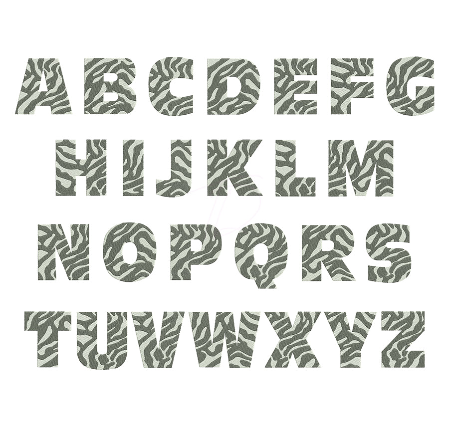 Zebra print embroidery font. Machine embroidery alphabet with zebra print. PES DST BX and all files for embroidery machine
