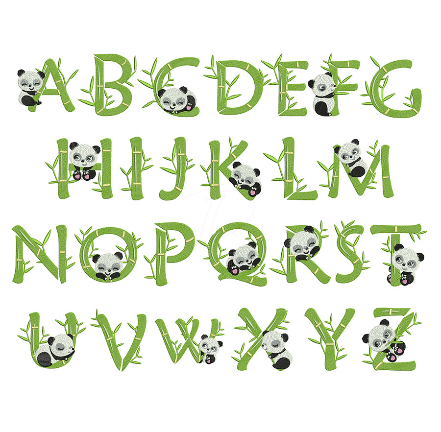 Bamboo Panda embroidery font. Machine embroidery alphabet with Panda. BX PES DST embroidery font