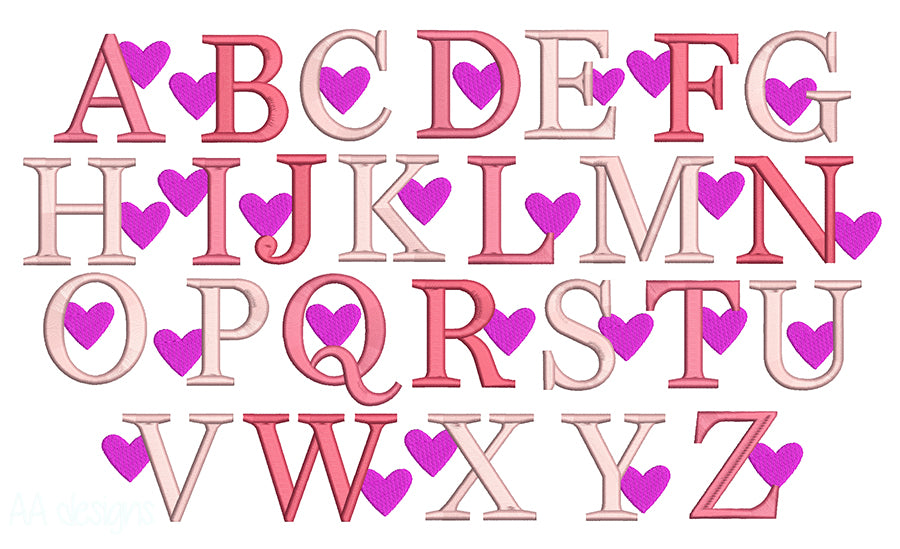 Valentine heart embroidery font. Machine embroidery alphabet files for instant download. BX format also.