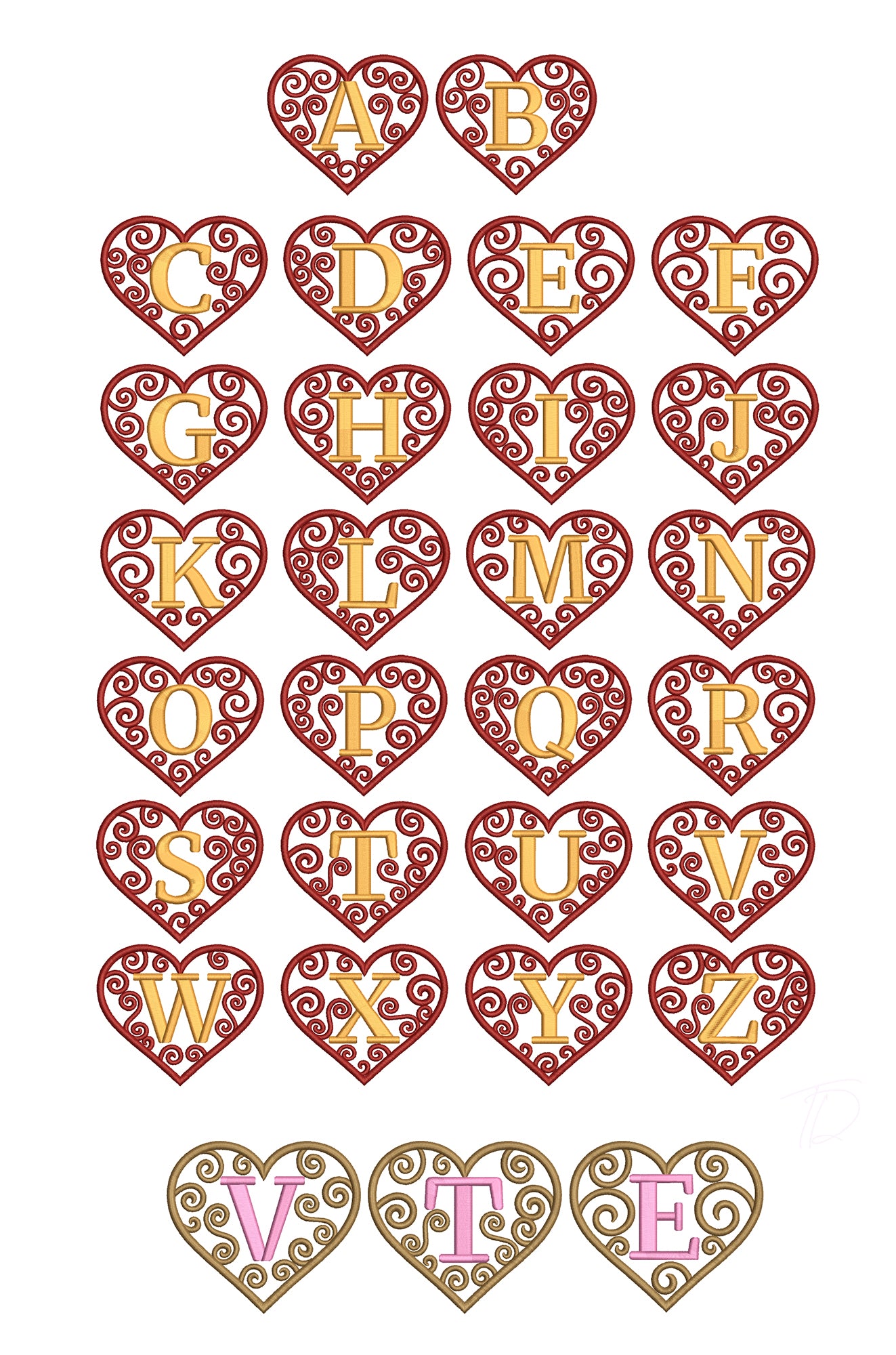 Valentine heart embroidery font. Machine embroidery alphabet for instant download. BX format also