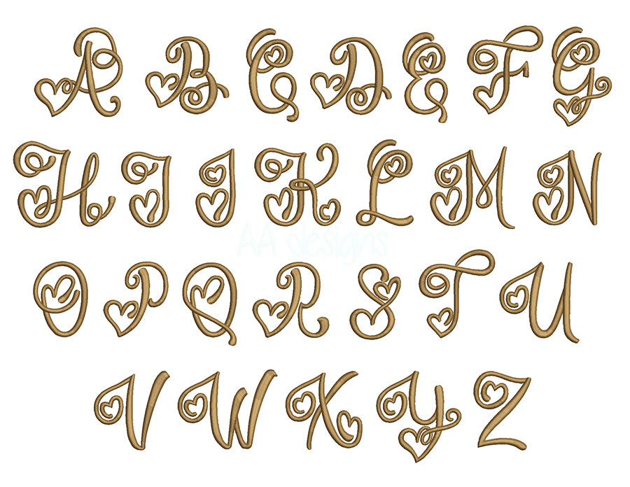 Heart 3D puff embroidery digital font. Machine embroidery heart alphabet 3D puff foam. BX format