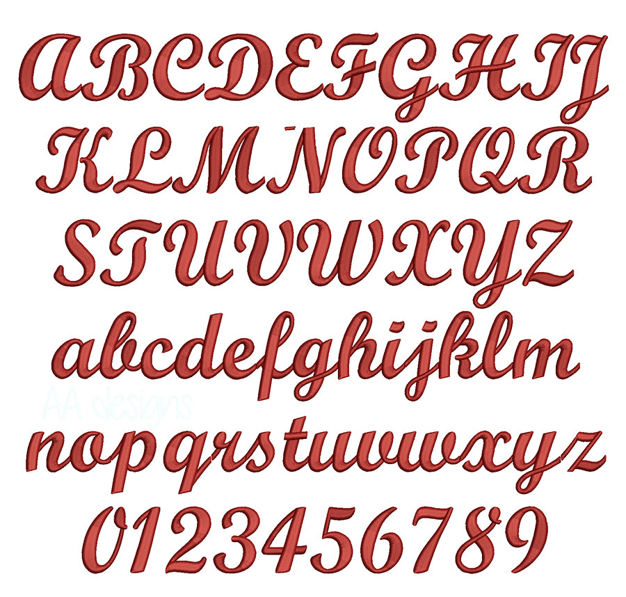 Script 3D puff embroidery digital font. 3D puff foam embroidery alphabet. BX PES DST embroidery font
