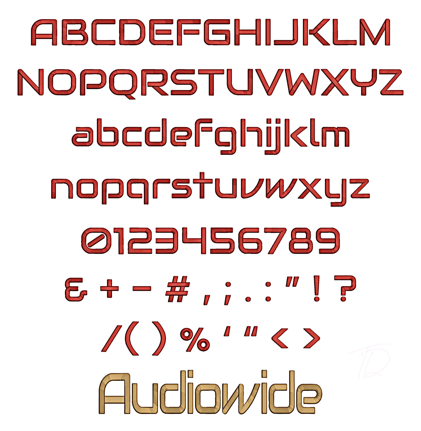 Audiowide 3D puff embroidery digital font. 3D puff foam embroidery font for instant download. PES DST BX and all files for your embroidery machine.