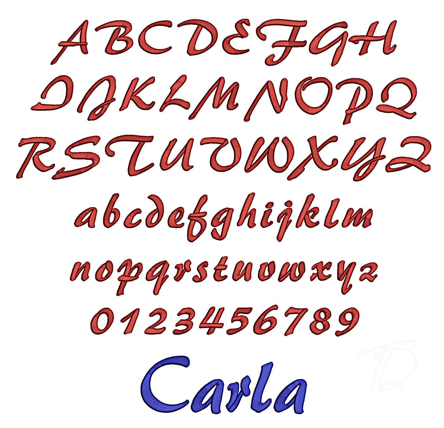 Carla puff embroidery digital font. 3D puff foam embroidery font for instant download. PES DST BX and all files for your embroidery machine
