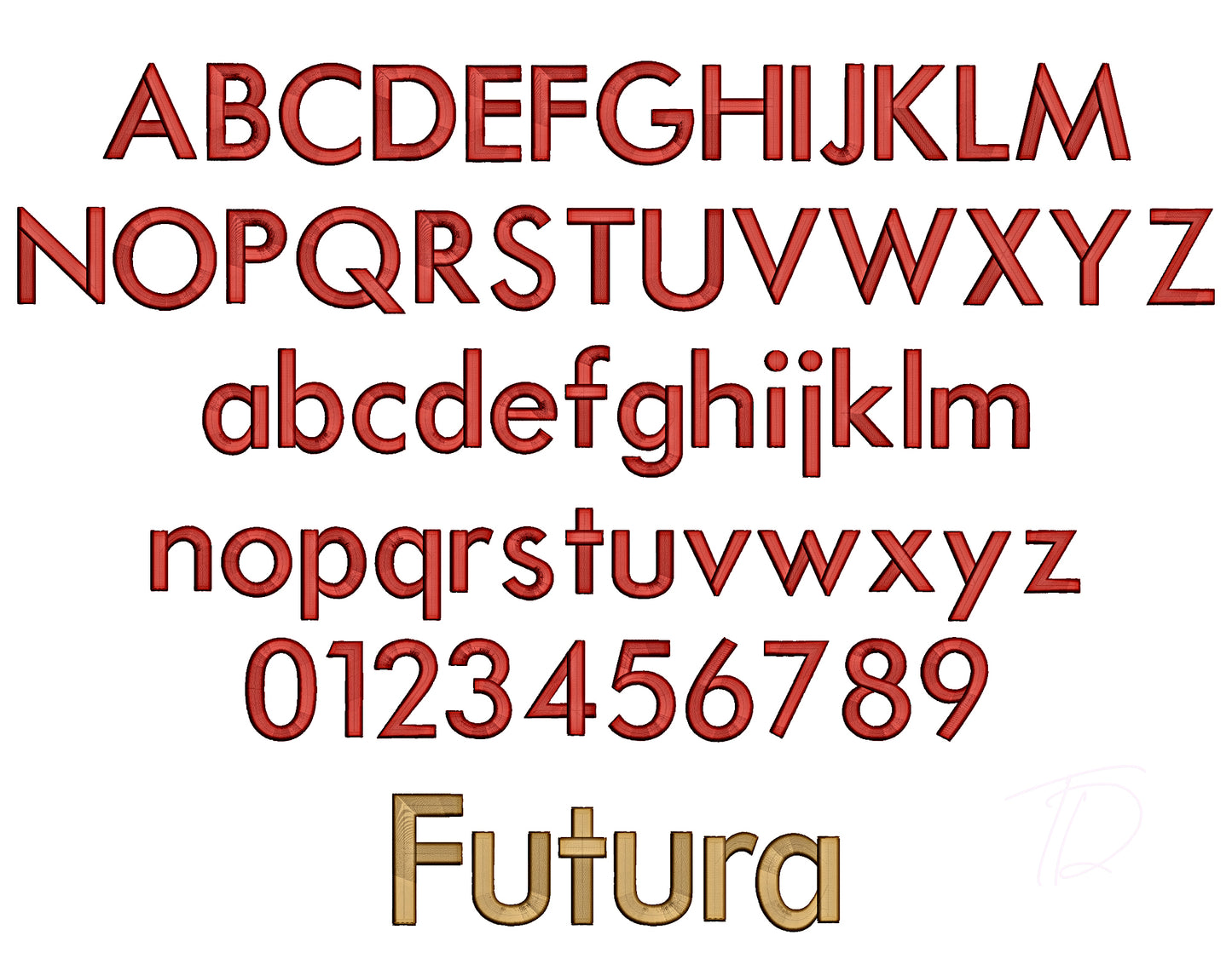 Futura 3D puff embroidery digital font. Machine embroidery alphabet in 3D puff digital file. PES DST BX and all files for embroidery machine