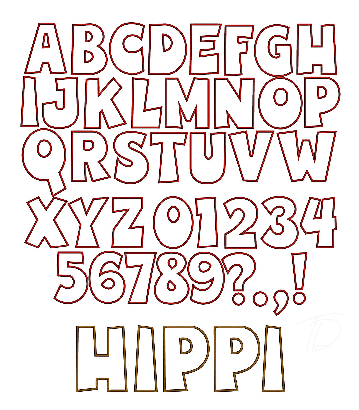 Hippy App embroidery digital font. Machine embroidery in applique. Embroidery font, embroidery alphabet, embroidery monogram font. BX format