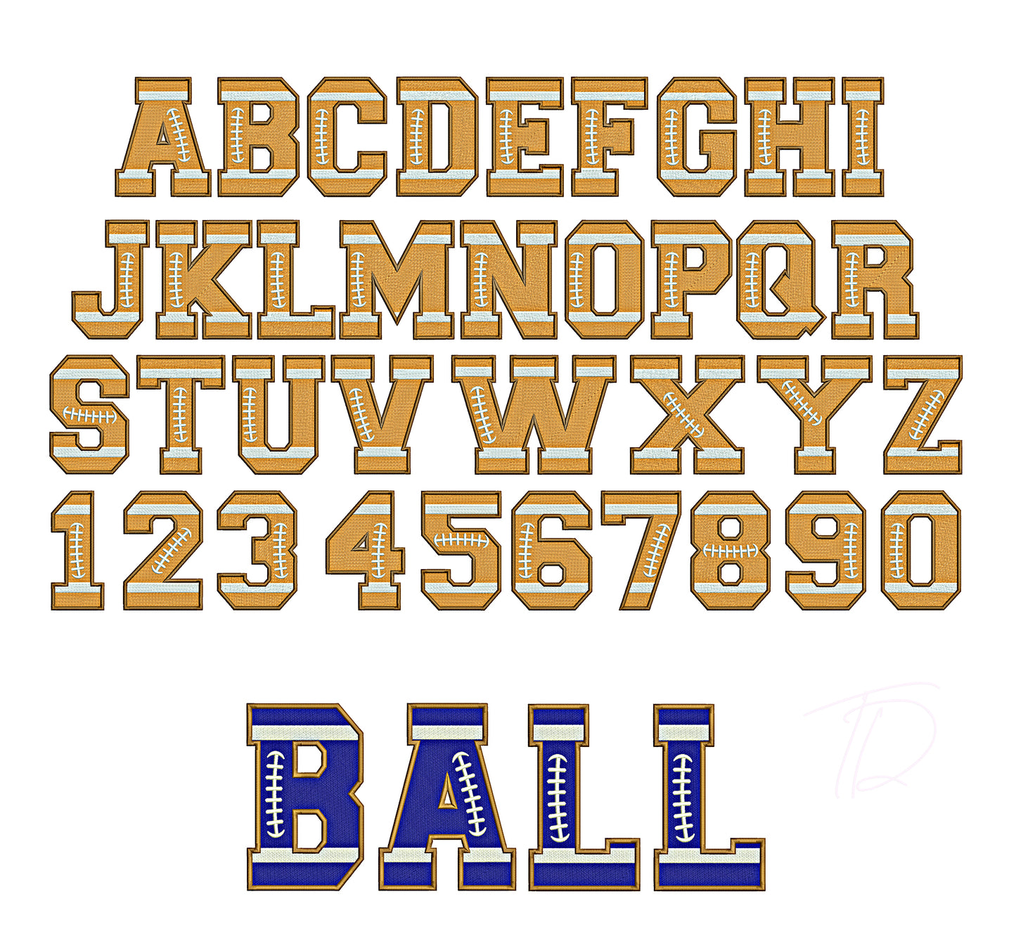 Football embroidery digital font. Full fill stitch embroidery font in football.