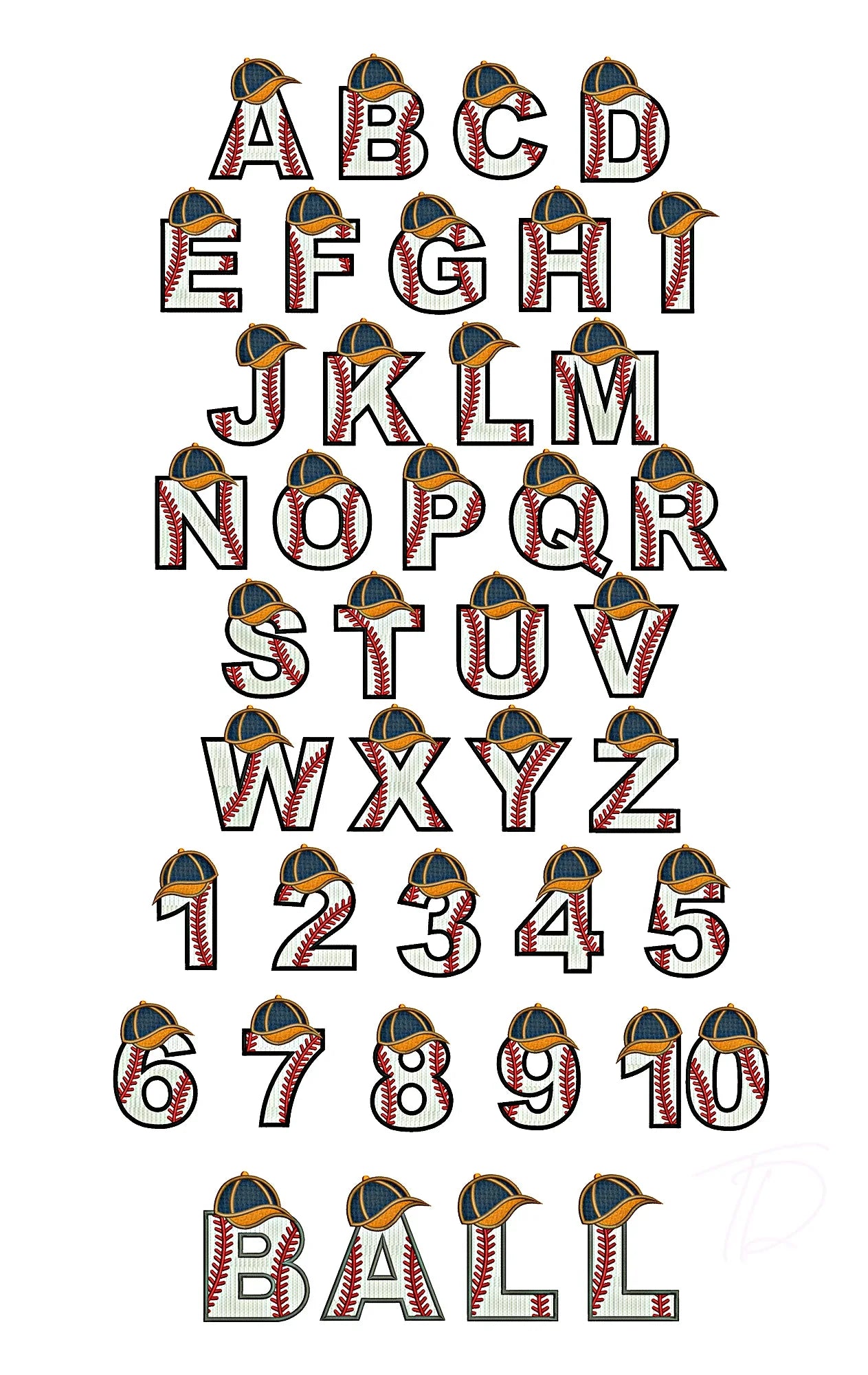Baseball full stitch embroidery digital font. Machine embroidery alphabet with baseball hat. BX PES DST files.