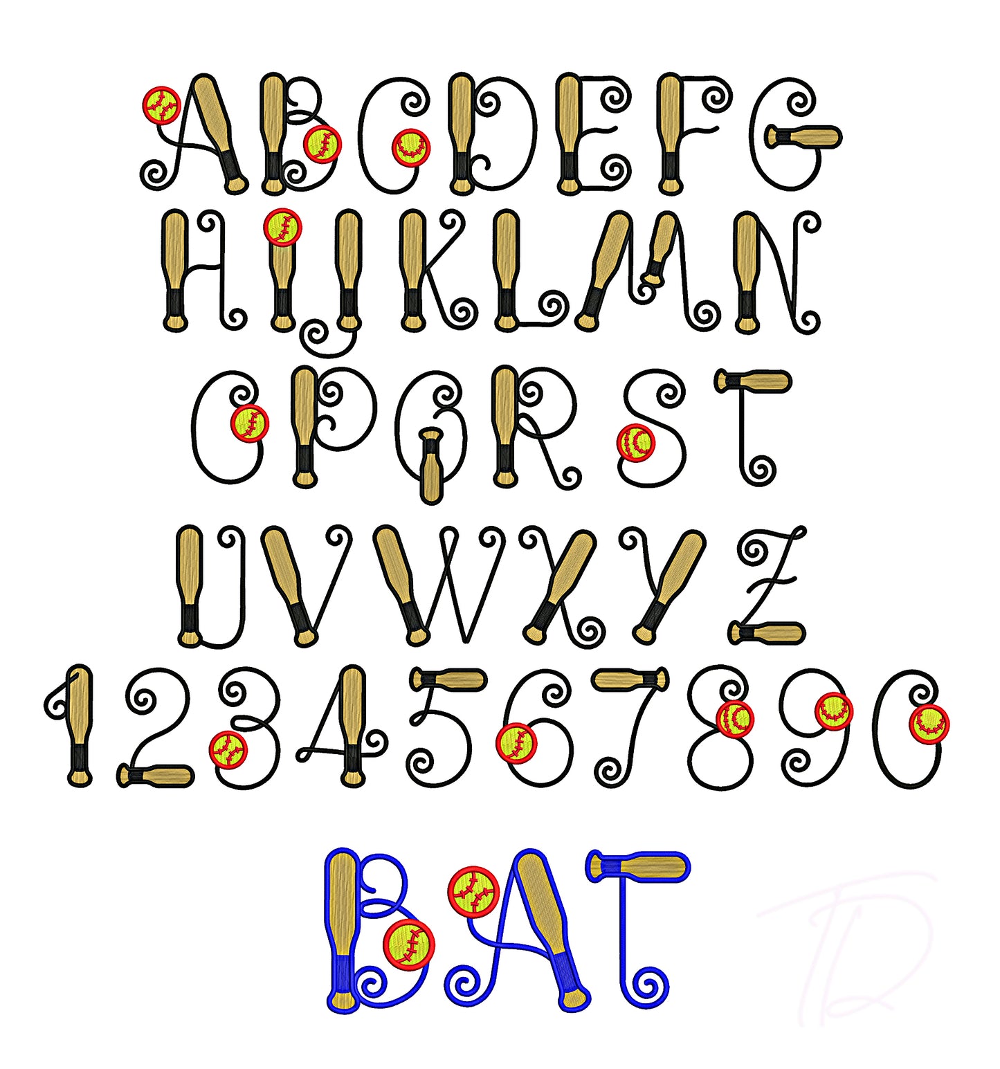 Baseball Bat Embroidery Digital Font