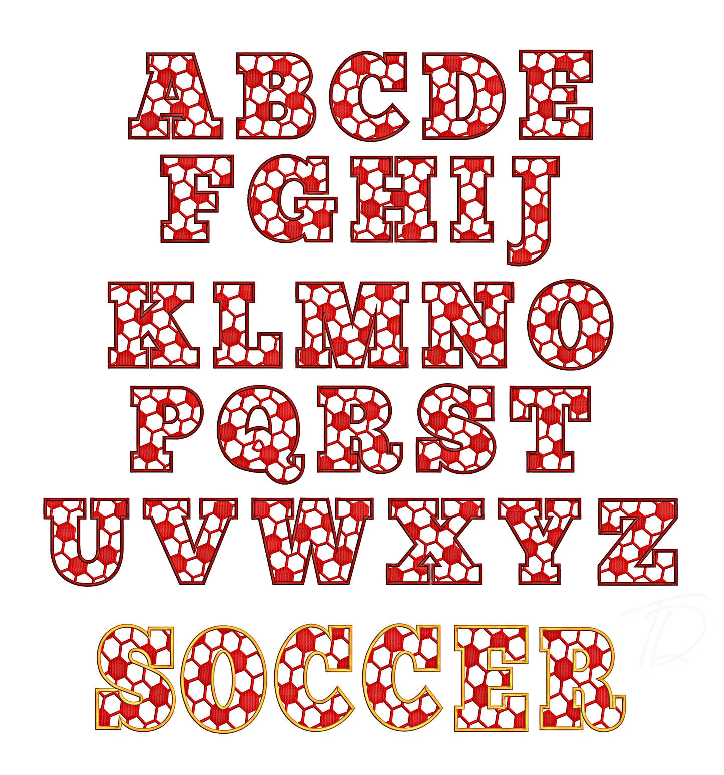 Soccer Embroidery Digital Font. Full fill stitch embroidery font.