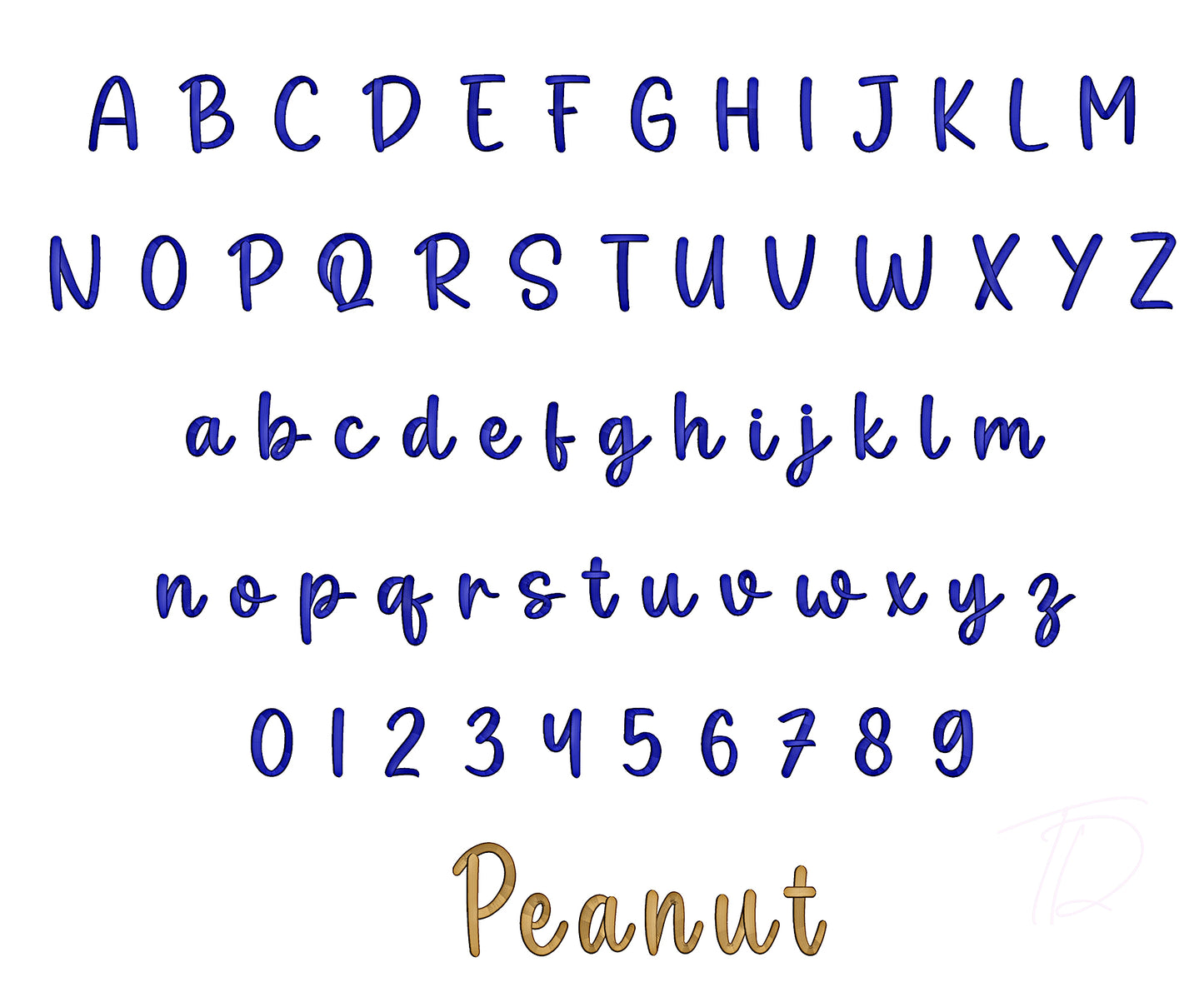 Peanut 3D puff embroidery digital font. Machine embroidery alphabet with 3D puff foam.