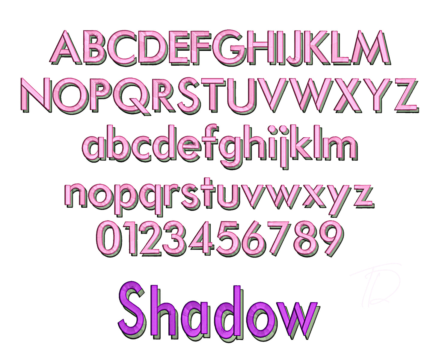 Shadow 3D puff embroidery digital font