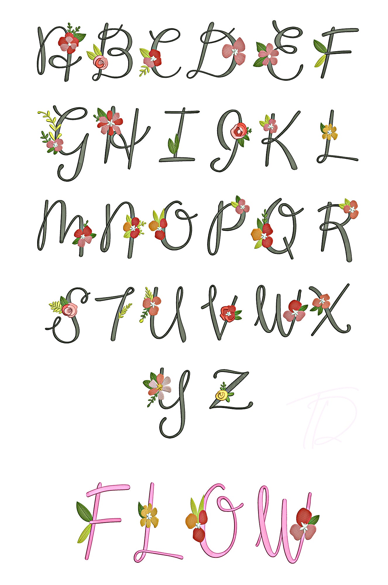 Flower embroidery font. Script embroidery font in floral. PES DST BX embroidery file