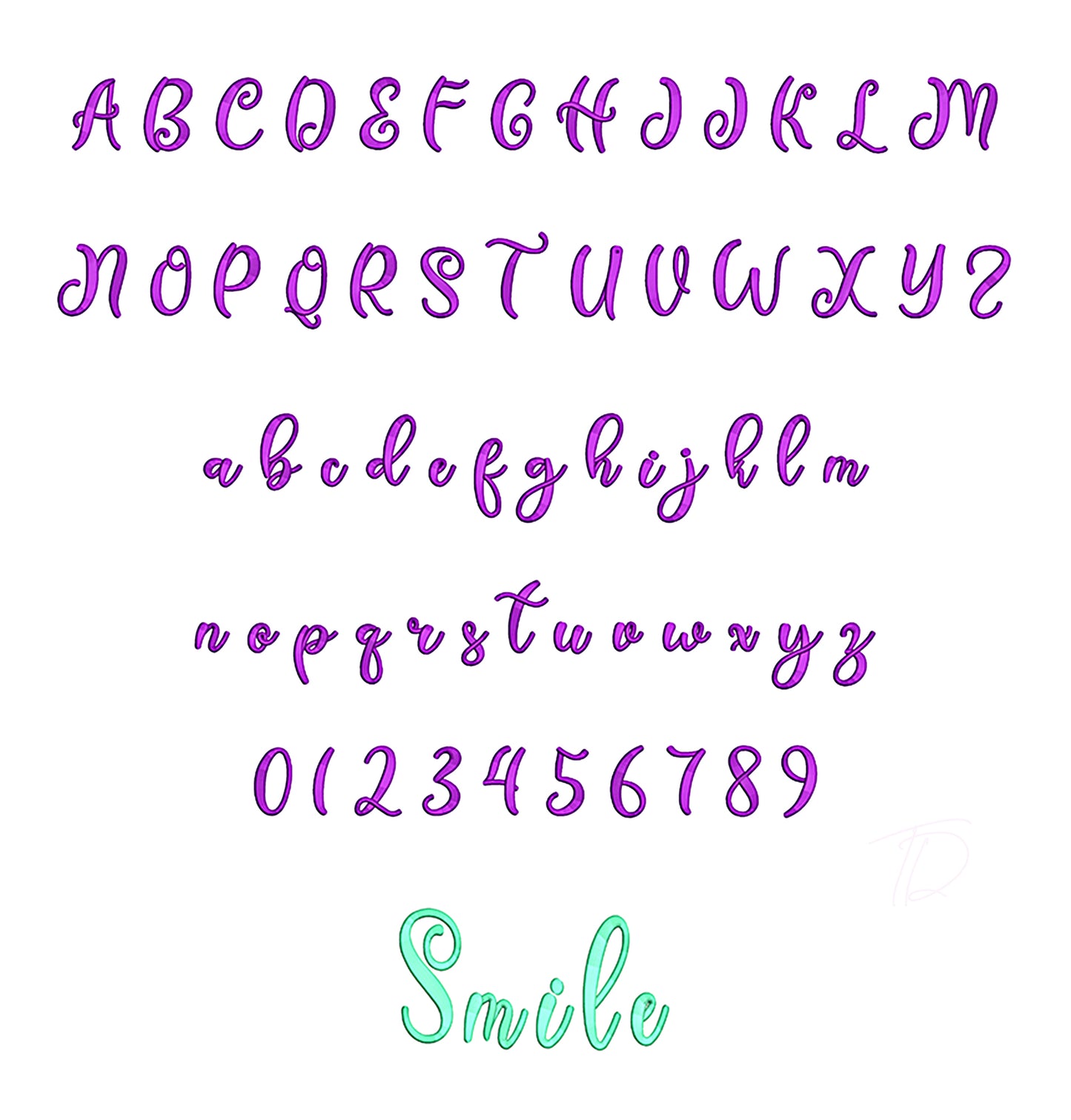 Smile 3D puff embroidery digital font. Machine embroidery font in 3D puff foam. PES DST BX and all files for embroidery machine