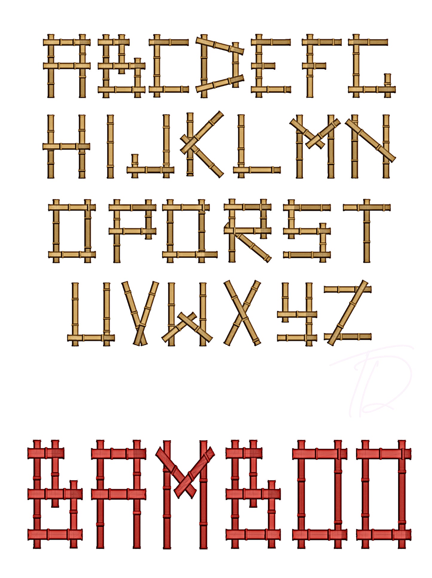 Bamboo 3D puff embroidery digital font. Machine embroidery font in 3D foam. PES DST BX embroidery file for instant download