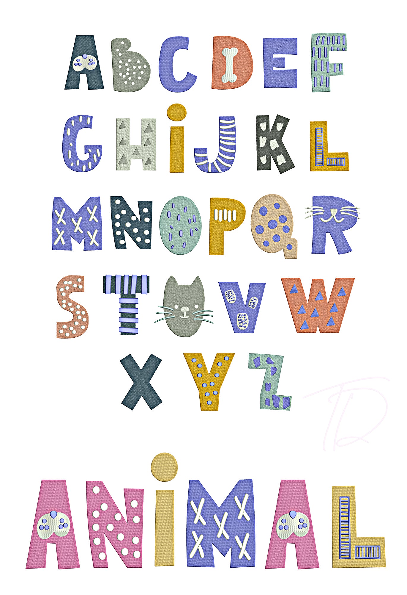 Animal embroidery digital font. Machine embroidery font for baby with cute animal
