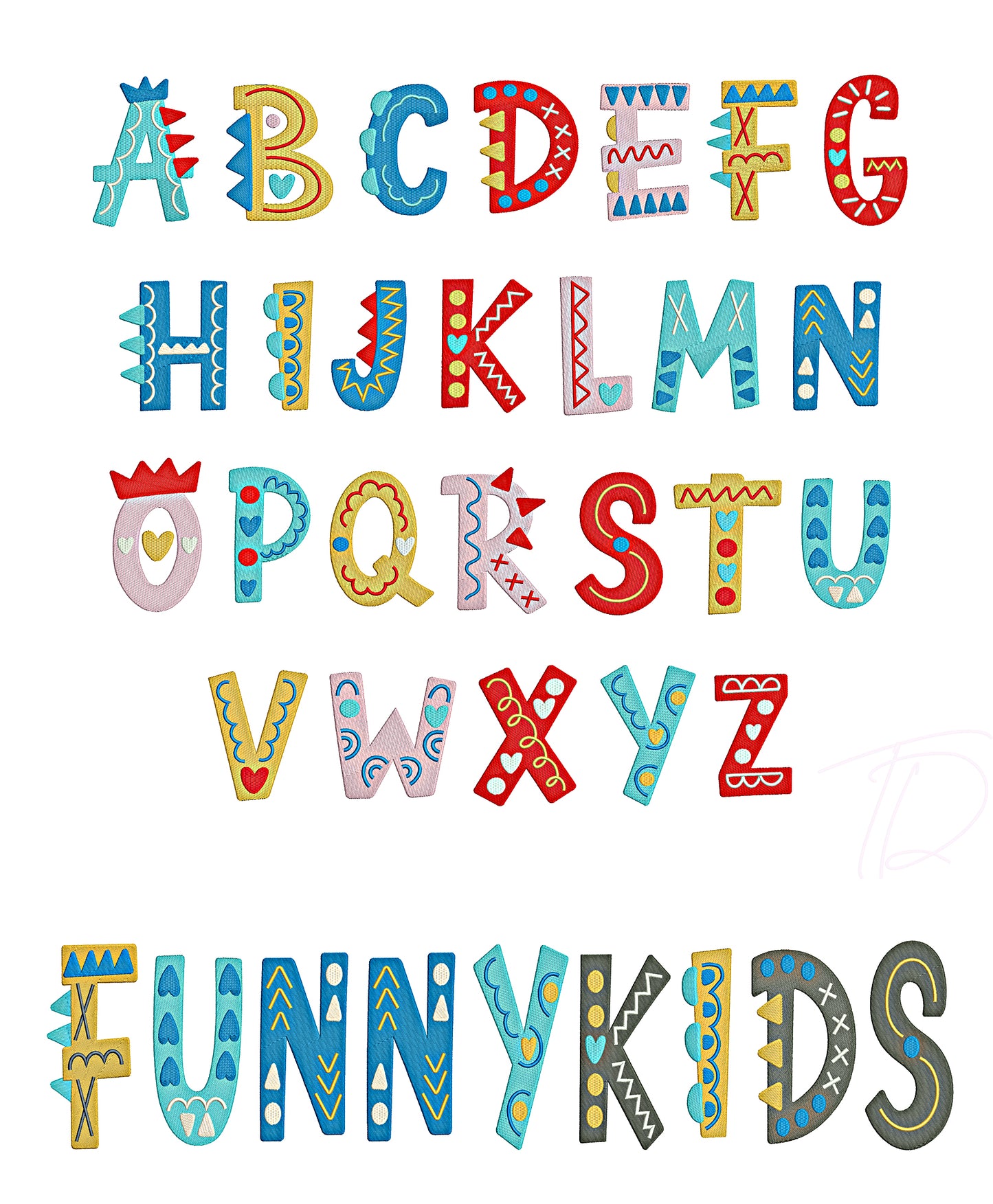 Funny kids embroidery digital font. Colorful embroidery font for baby.