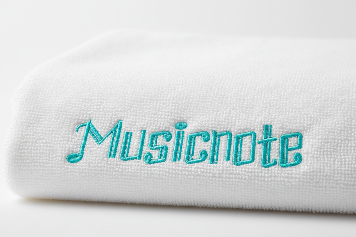 Musicnote embroidery font mockup on white towel corner