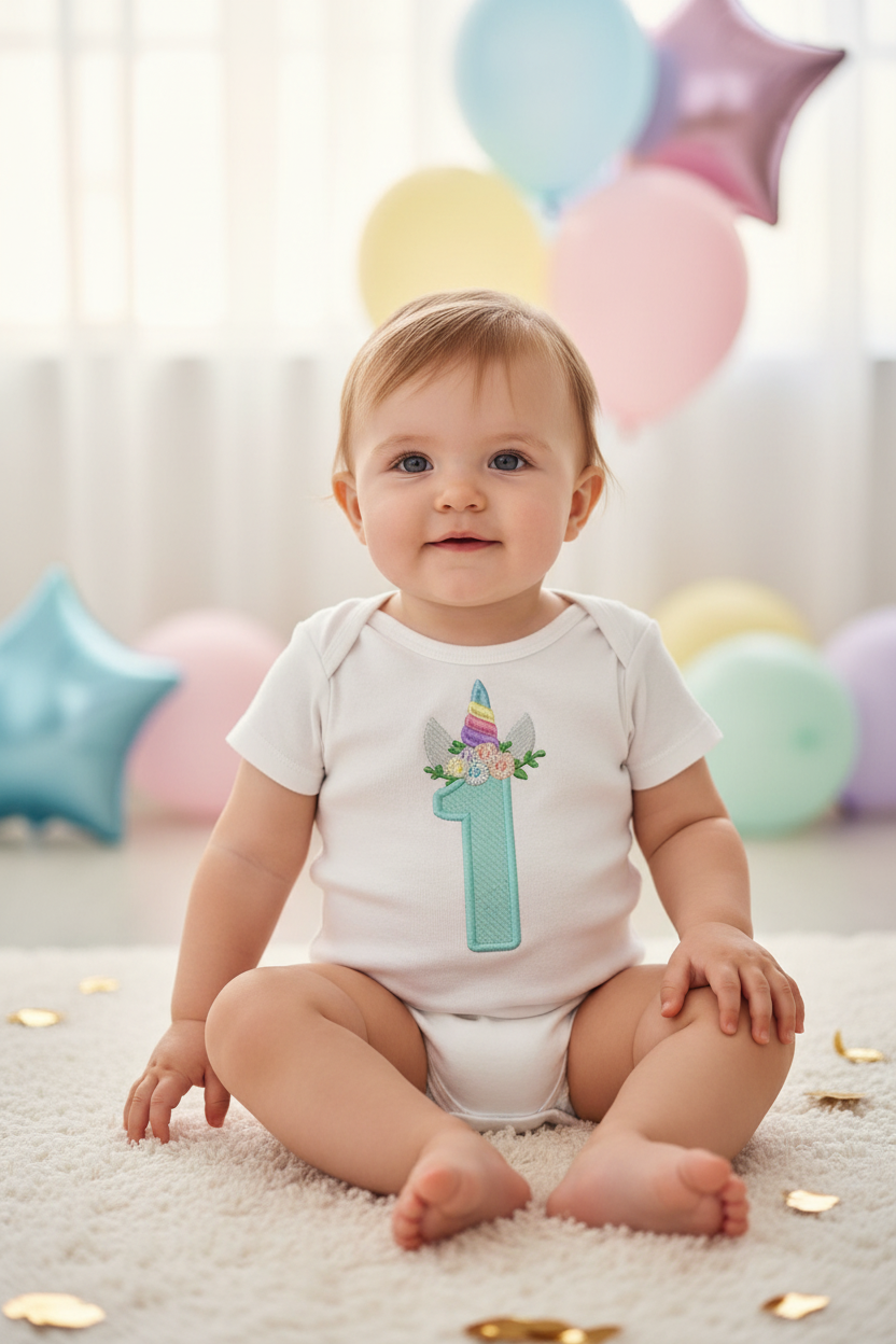 Baby 1st birthday mockup voi so 1 unicorn embroidery de thuong