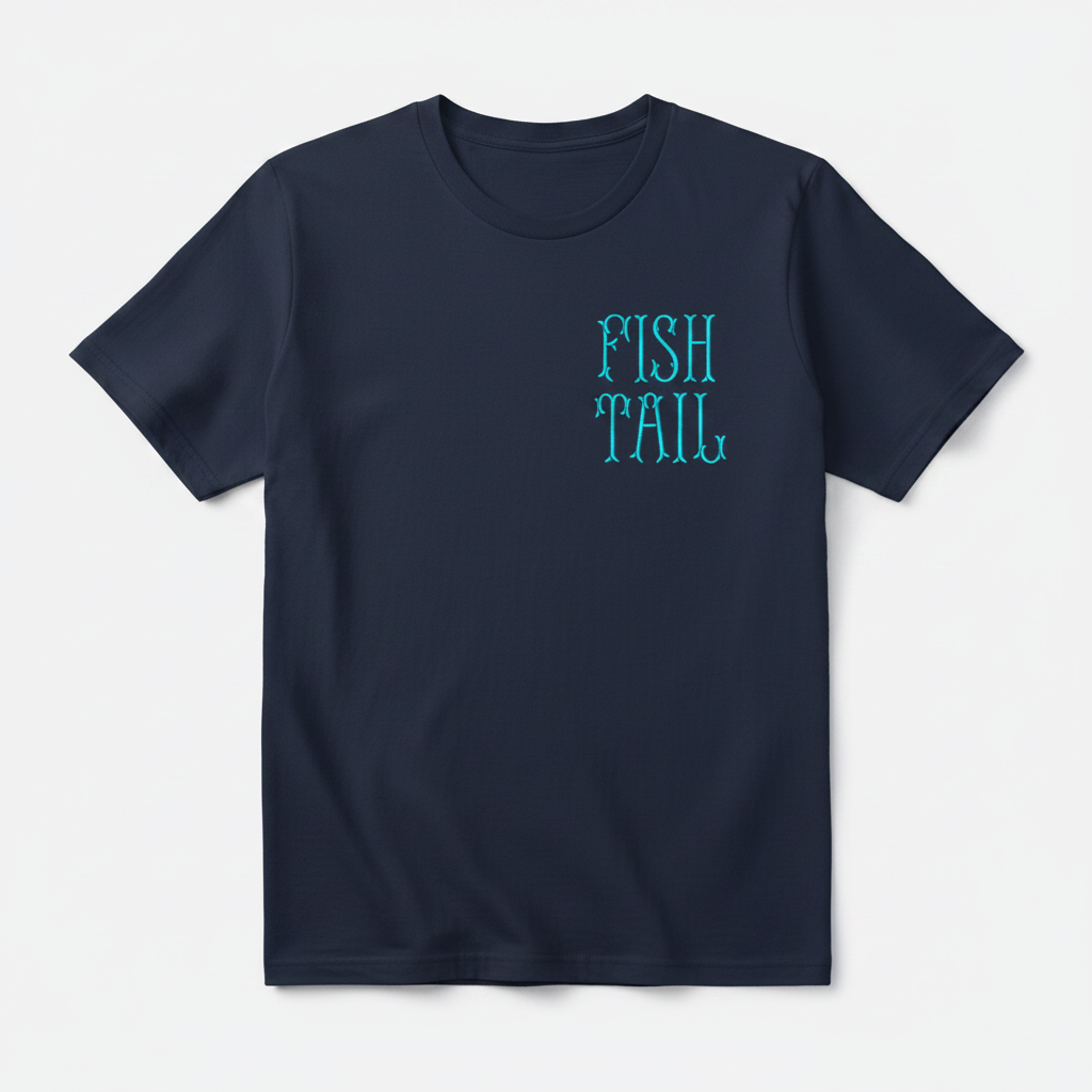 Fishtail embroidery font mockup on navy t-shirt