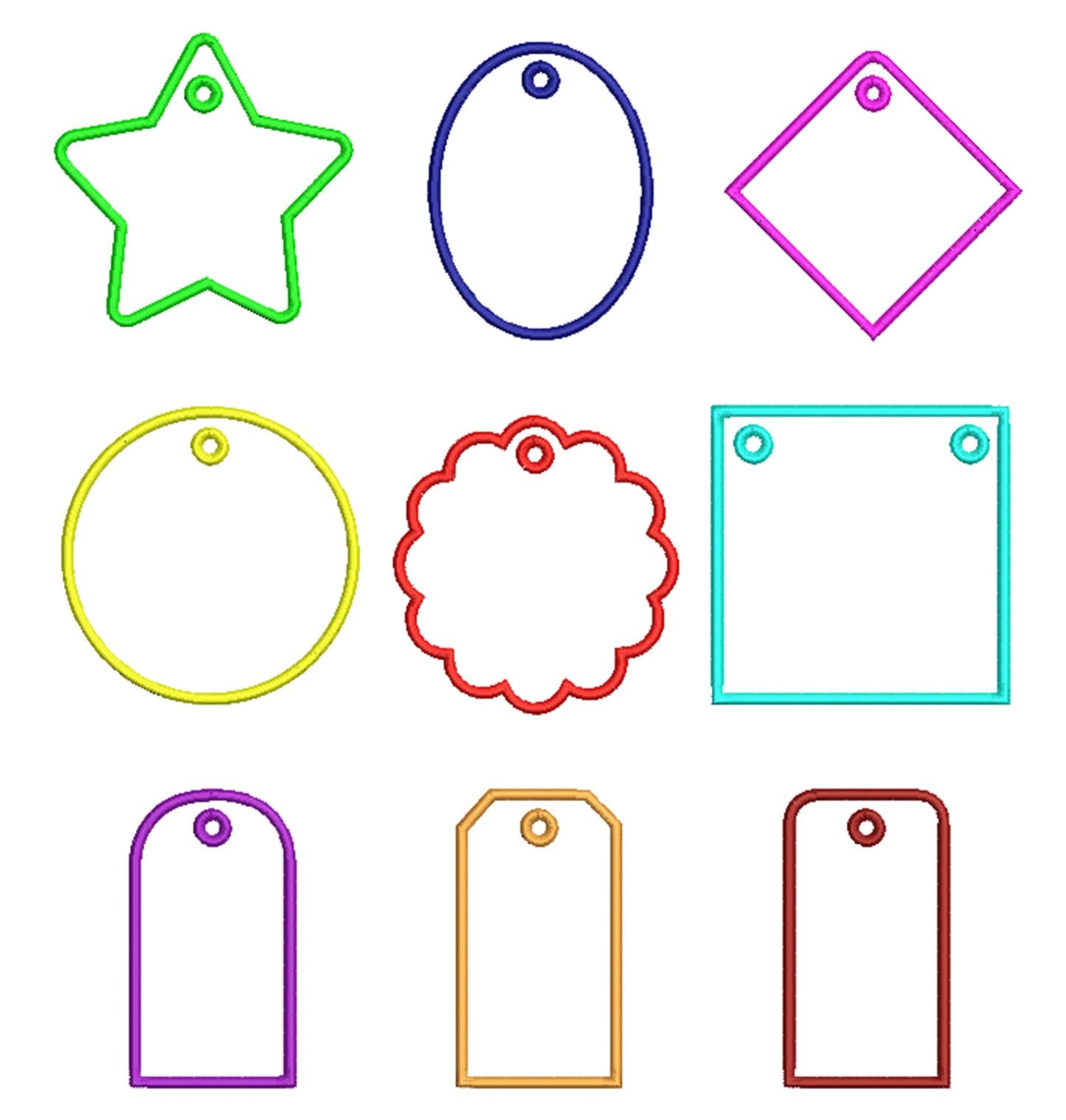 ITH Bag Tag Shapes Applique Bundle Scalloped Name Tag Embroidery Design.