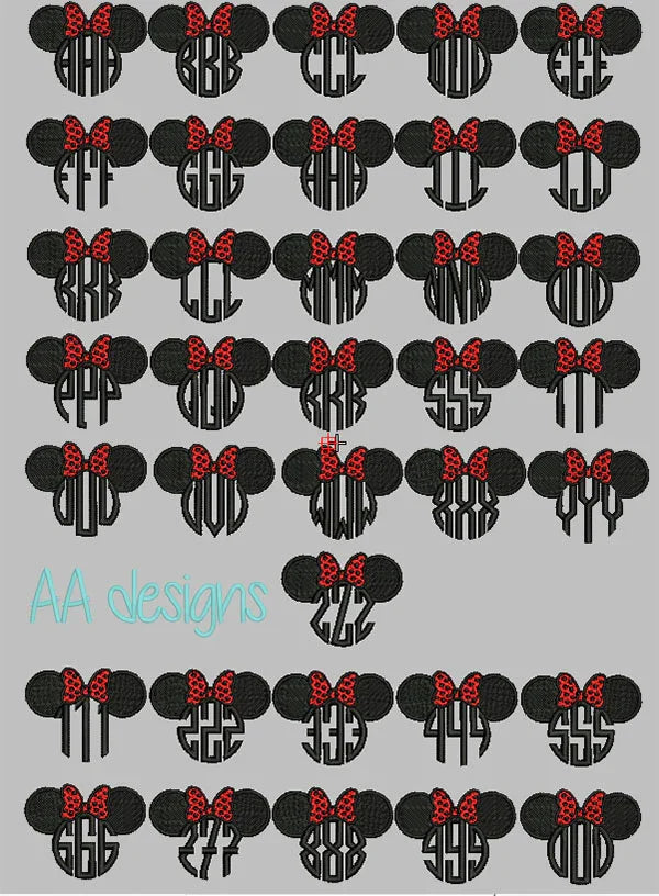 Mickey monogram embroidery digital font. Embroidery font in Mickey for baby cute. BX file