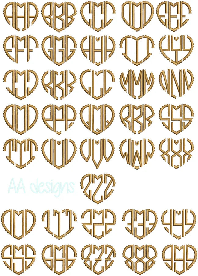 Scalloped heart monogram embroidery digital font. Scallop embroidery monogram. BX file also