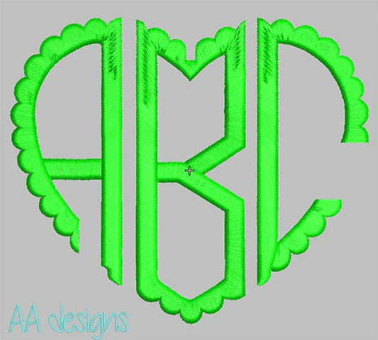 Scalloped heart monogram embroidery digital font. Scallop embroidery monogram. BX file also