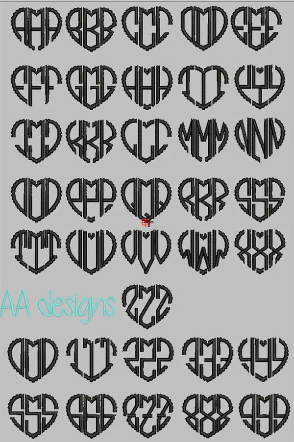 Scalloped heart monogram embroidery digital font. Scallop embroidery monogram. BX file also