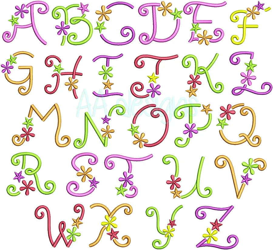 Flower embroidery digital font. Script embroidery font for instant download. BX file