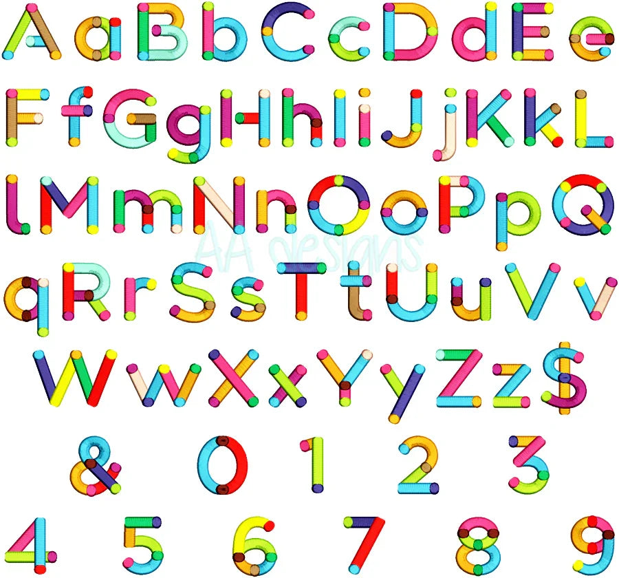 Color embroidery digital font. Script embroidery font. Colorful embroidery font. BX file