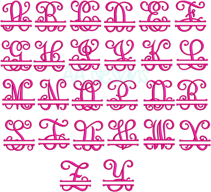 Vine Split monogram embroidery digital font. Embroidery font, embroidery alphabet, embroidery monogram font, machine embroidery font, embroidery lettering, BX embroidery font, PES font embroidery, DST font embroidery