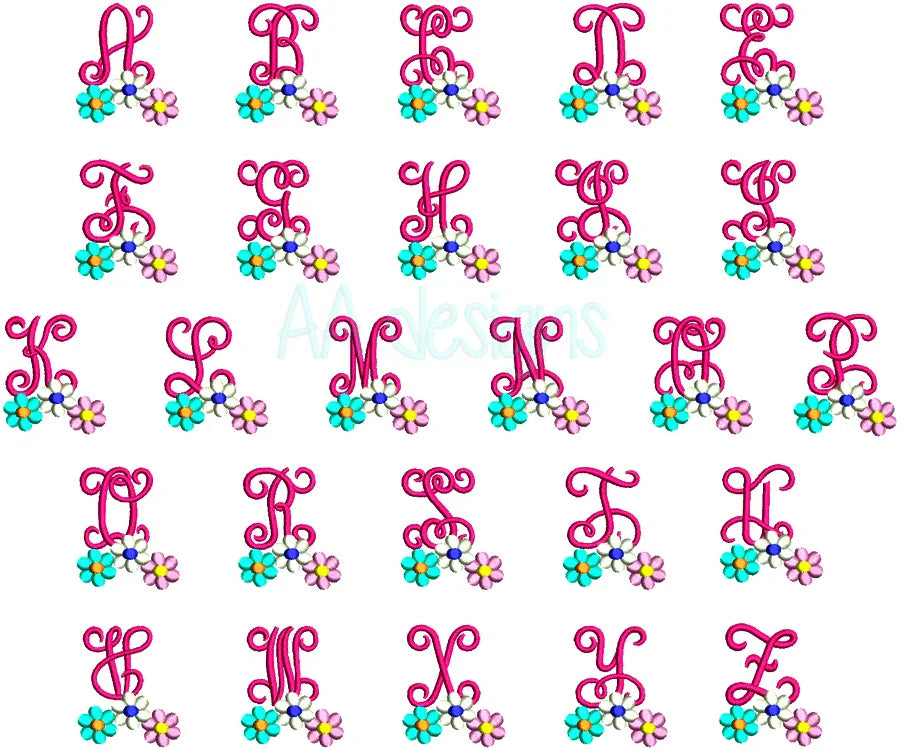 Daisy monogram embroidery digital font. Embroidery font with flower. BX file