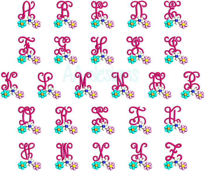 Daisy monogram embroidery digital font. Embroidery font, embroidery alphabet, embroidery monogram font, machine embroidery font, embroidery lettering, BX embroidery font, PES font embroidery, DST font embroidery