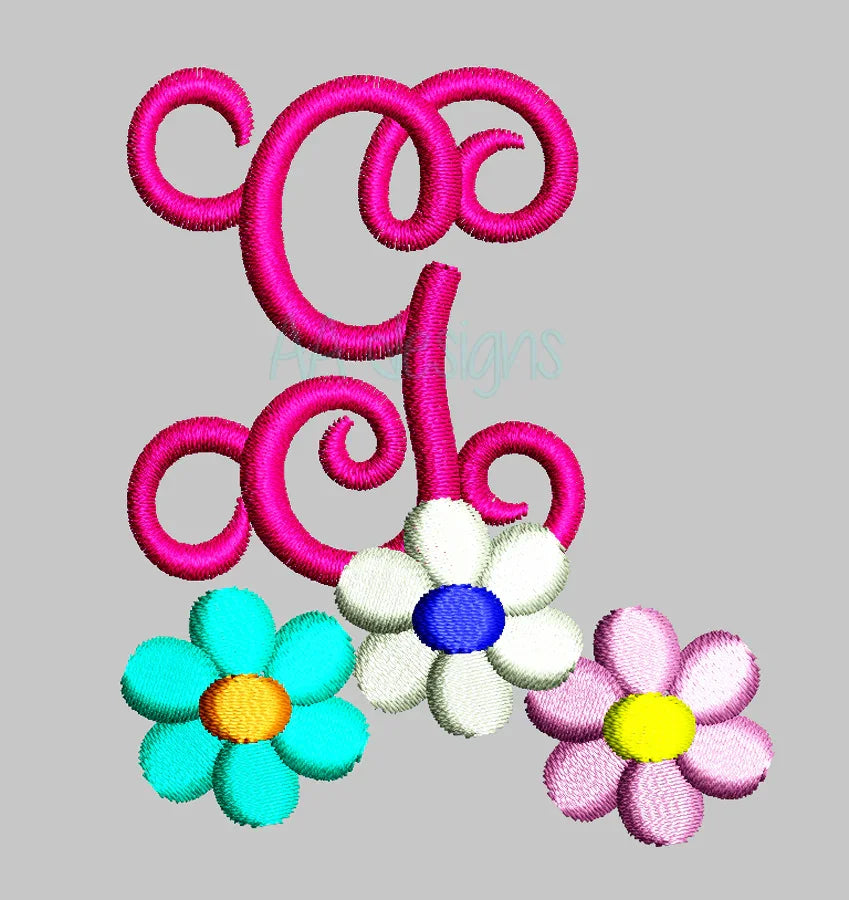Daisy monogram embroidery digital font. Embroidery font with flower. BX file