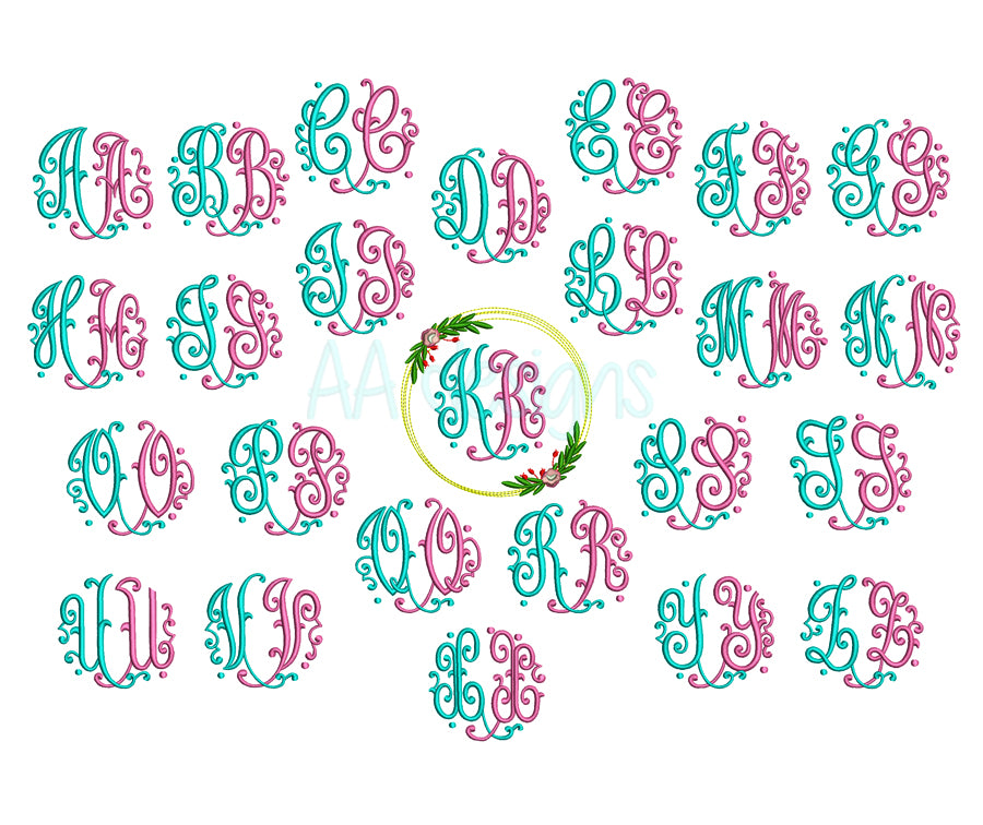 Floral Circle embroidery digital font. Script embroidery font in flower circle. BX file included.