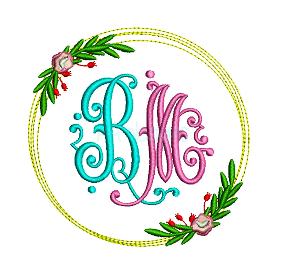 Floral Circle embroidery digital font. Script embroidery font in flower circle. BX file included.