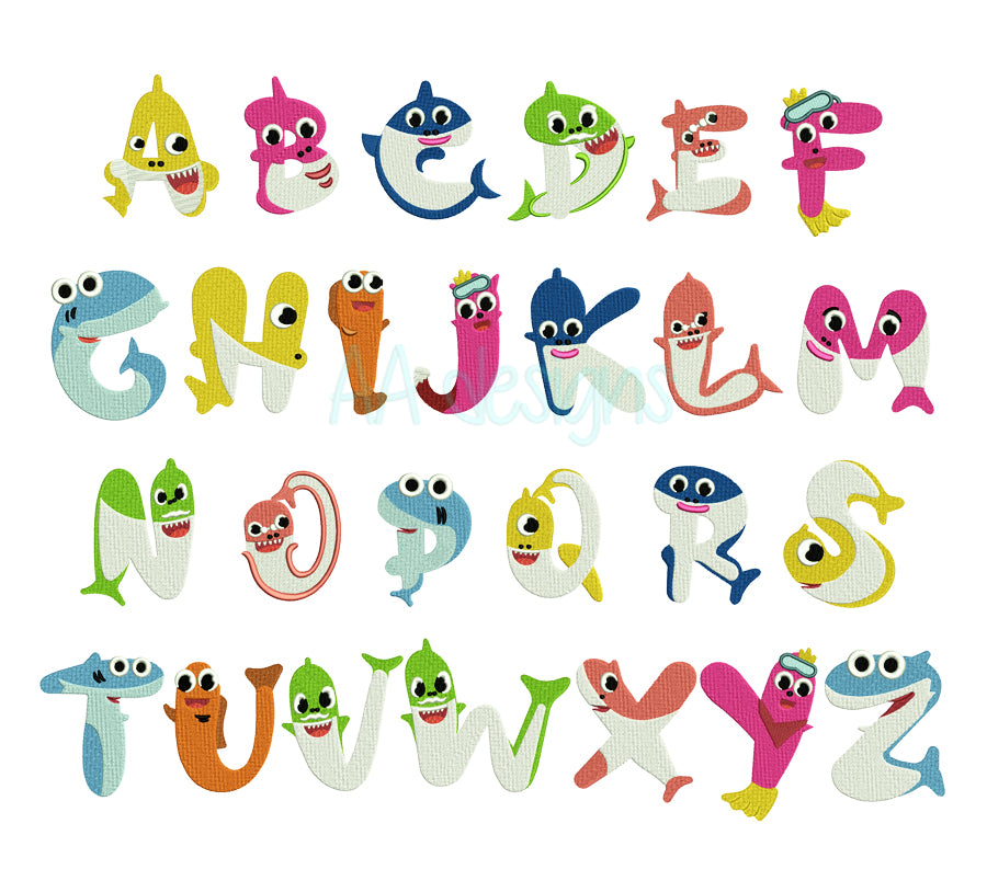 Baby Shark Embroidery Font - Machine Embroidery Alphabet BX PES DST