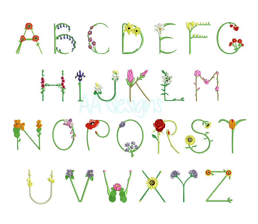 Flower Summer Embroidery Font. Floral embroidery Letters Instant Download Digital File. BX file also