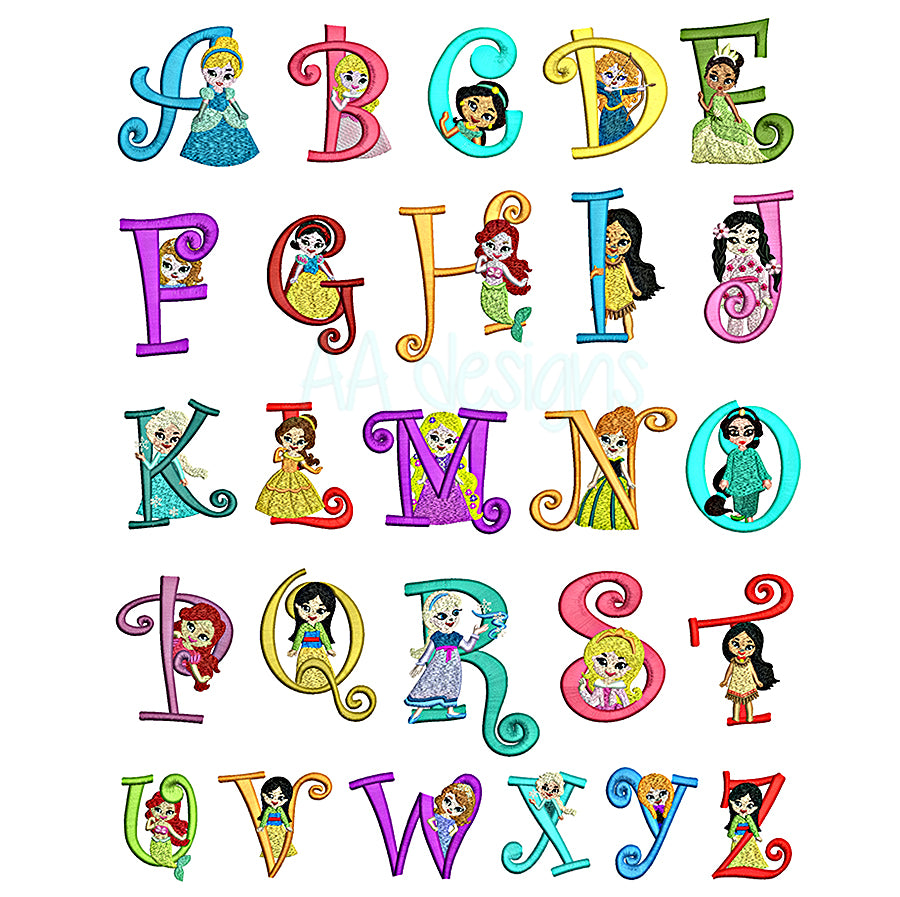 Princess embroidery font. Machine embroidery alphabet for baby girl. PES DST BX and all files for embroidery machine