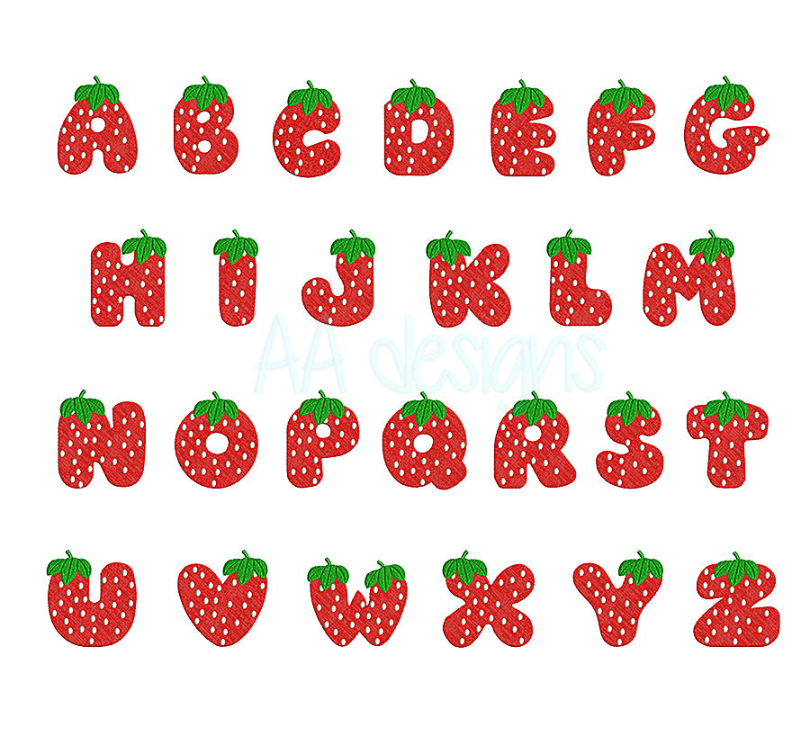 Strawberry embroidery font. Machine embroidery alphabet with cute strawberry. BX PES DST files