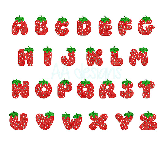 Strawberry embroidery font. Machine embroidery alphabet with cute strawberry. BX PES DST files