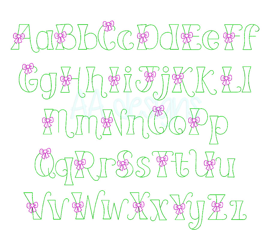 Bow embroidery font. Machine embroidery alphabet with cutie bow. PES DST BX and all files for embroidery machine