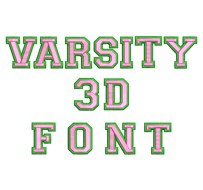 Varsity 3D - Puff embroidery digital font. Embroidery font, embroidery alphabet, embroidery monogram font, machine embroidery font, embroidery lettering, BX embroidery font, PES font embroidery, DST font embroidery