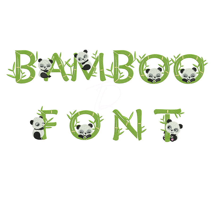 Bamboo Panda embroidery font. Machine embroidery alphabet with Panda. BX PES DST embroidery font