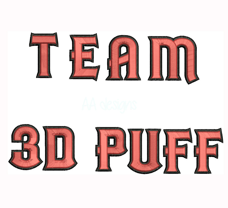 Team 3D Puff Embroidery Font. Embroidery font in 3D puff foam.